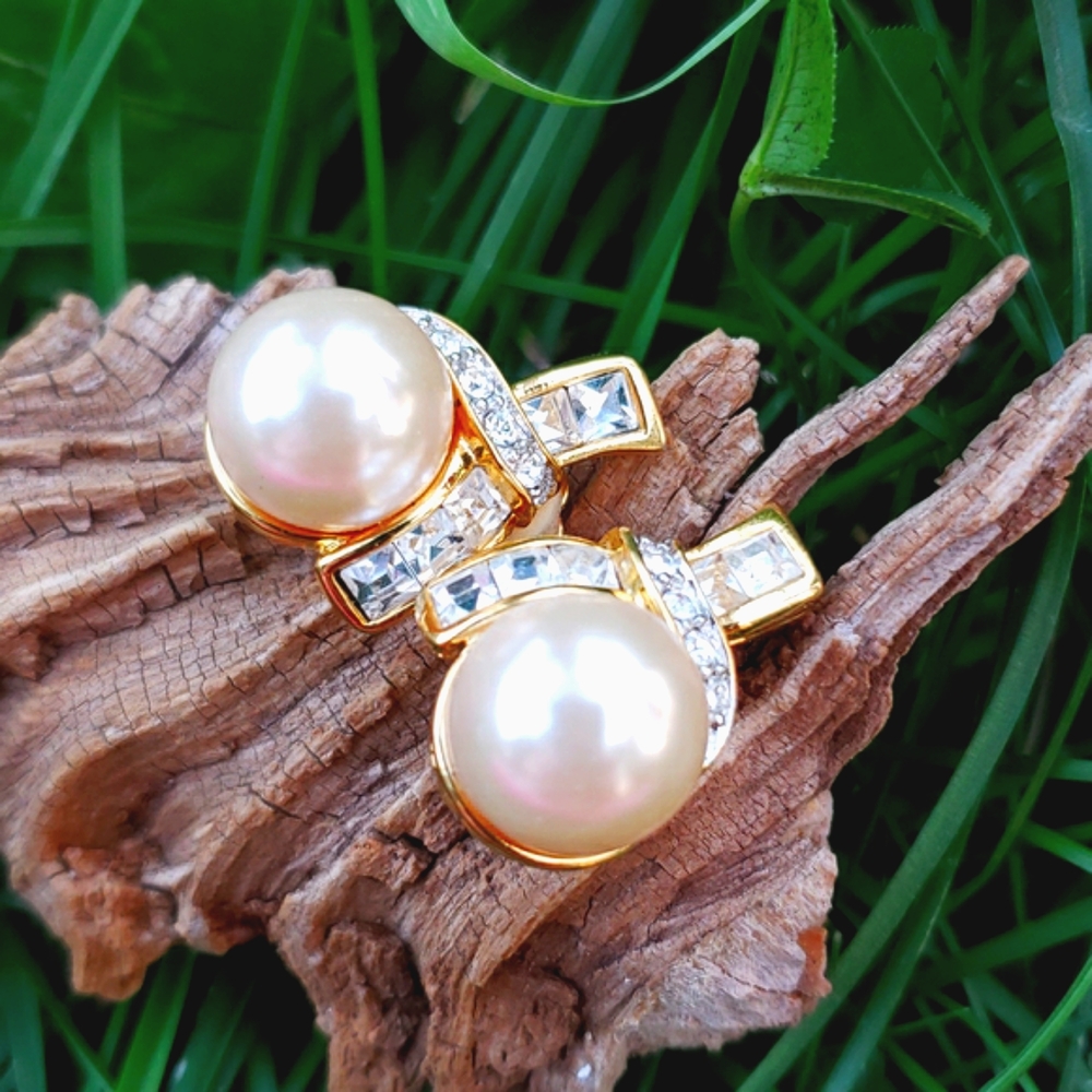 Vtg Kenneth Jay Lane Kjl Pearl Diamante Rs Earring - image 7